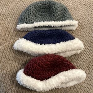 3 crocheted hats grey, blue and burgundy